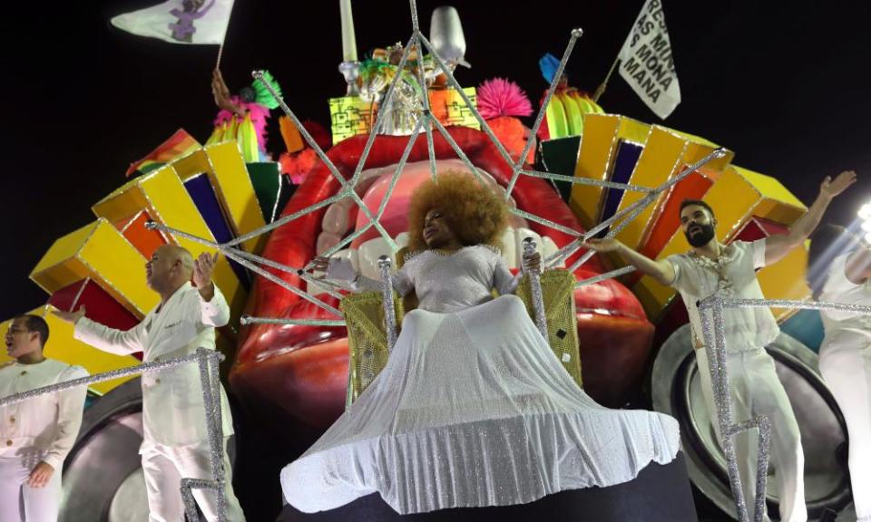 Elza Soares performing with Mocidade samba school during the carnival parade in Rio de Janeiro, 2020.