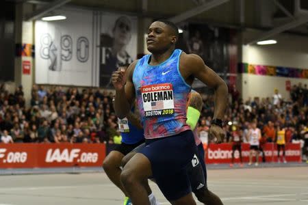 Feb 10, 2018; Boston, Massachussetts, USA; Christian Coleman (USA) wins the 60m in 6.46 during the New Balance Indoor Grand Prix at Reggie Lewis Center. Mandatory Credit: Kirby Lee-USA TODAY Sports