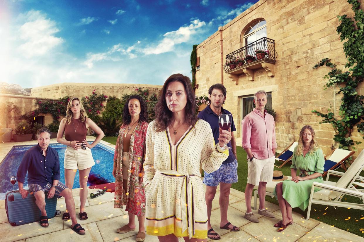 left to right: - Aidan McArdle as Alistair, Liv MjÃ¶nes as Jenny, Cat Simmons as Izzy, Jill Halfpenny as Kate, Owen McDonnell as Sean, Andrew Macklin as Russ, Siobhan Hewlett as Rowan