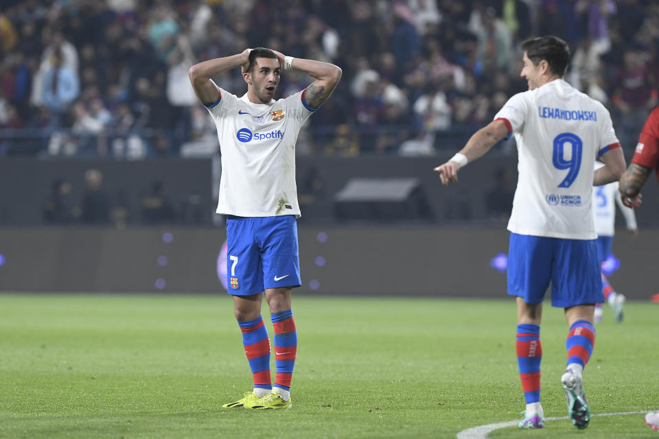 Barcelona's Ferran Torres reacts during the Spanish Super Cup semi final soccer match between Osasuna and Barcelona at Al Awal Park Stadium in Riyadh, Saudi Arabia, Thursday, Jan. 11, 2024. (AP Photo)