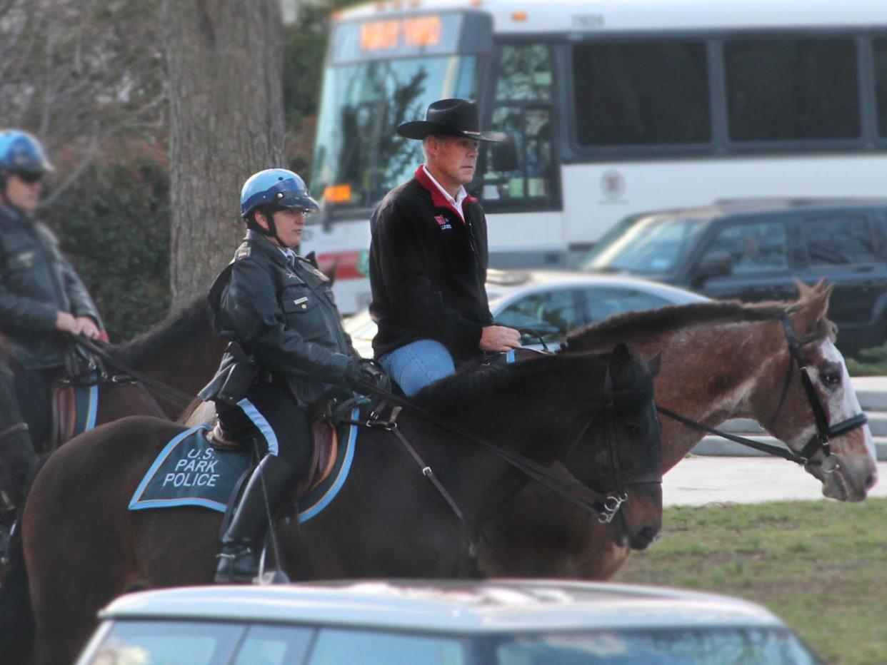 Interior Secretary Ryan Zinke arrives for work on horseback on his first day in the job: @BSEEgov