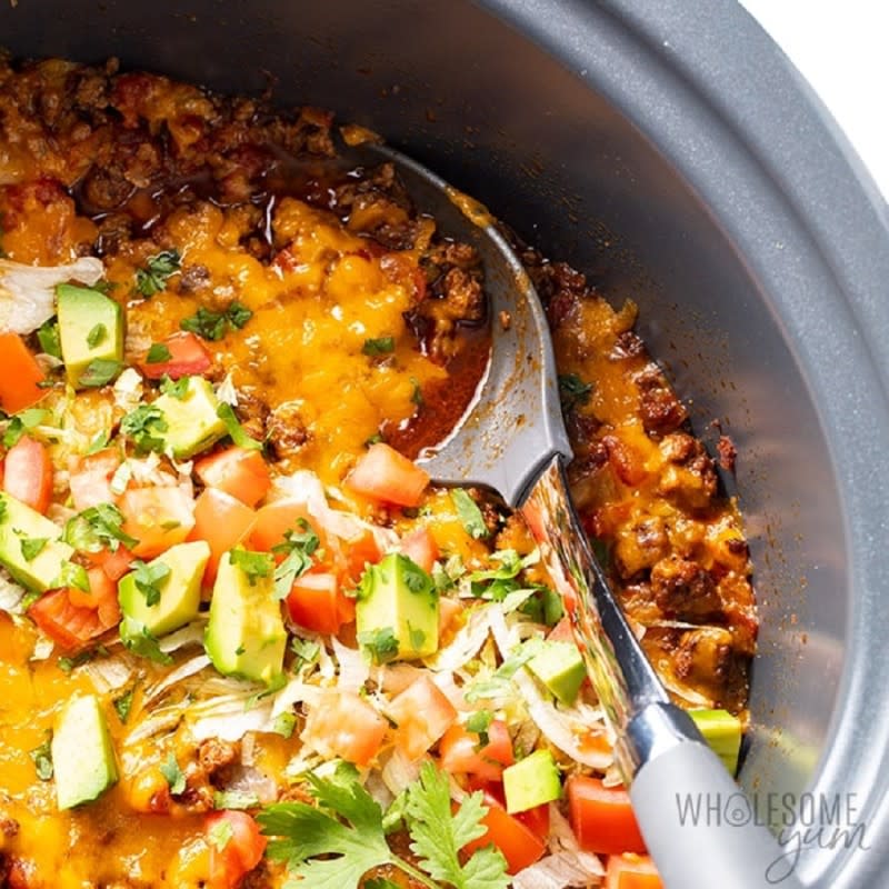 <p>Wholesome Yum</p><p>This easy low-carb keto taco casserole recipe has just four grams of net carbs.</p><p><strong>Get the recipe: </strong><a href="https://www.wholesomeyum.com/crock-pot-keto-taco-casserole-recipe/" rel="nofollow noopener" target="_blank" data-ylk="slk:Crock Pot Keto Taco Casserole;elm:context_link;itc:0;sec:content-canvas" class="link rapid-noclick-resp"><strong>Crock Pot Keto Taco Casserole</strong></a></p>