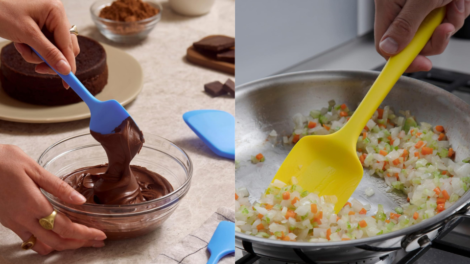 A blue spoonula being used to mix a chocolate mixture / a yellow spoonula being used to stir chopped vegetables in a pan