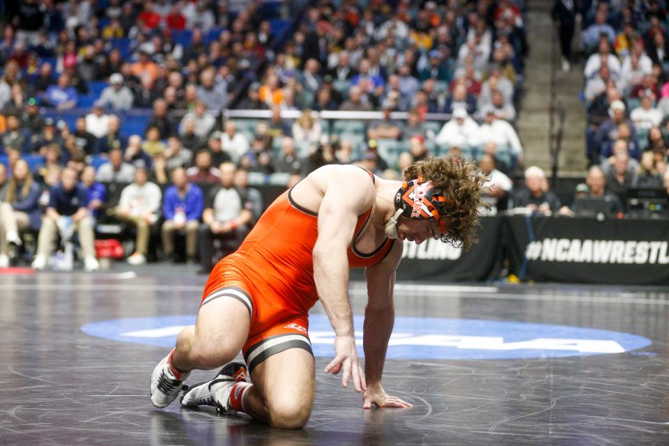 Oklahoma State's Daton Fix reacts after losing the third-place match in the 133-pound division of the NCAA Championships at BOK Center in Tulsa on Saturday.