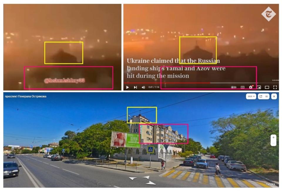 <span>Screenshot comparison of the video in the false post (top left), the genuine video from The Telegraph (top right) and the Yandex Maps imagery (bottom)</span>