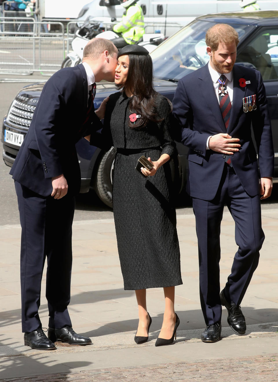 Markle greeted Prince William outside Westminster Abbey. (Photo: Chris Jackson/Getty Images)