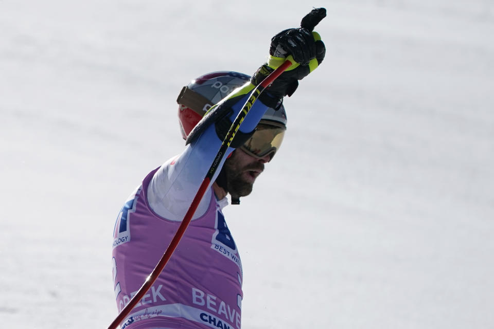 United States' Travis Ganong celebrates after finishing his run during a men's World Cup super-G skiing race Friday, Dec. 3, 2021, in Beaver Creek, Colo. (AP Photo/Gregory Bull)