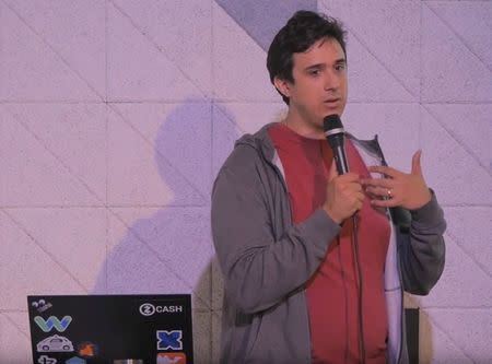 Tezos co-founder Arthur Breitman speaks at an event in London, Britain, September 7, 2017 in this still image taken from video footage provided to Reuters on October 9, 2017. Monzo/Handout via REUTERS
