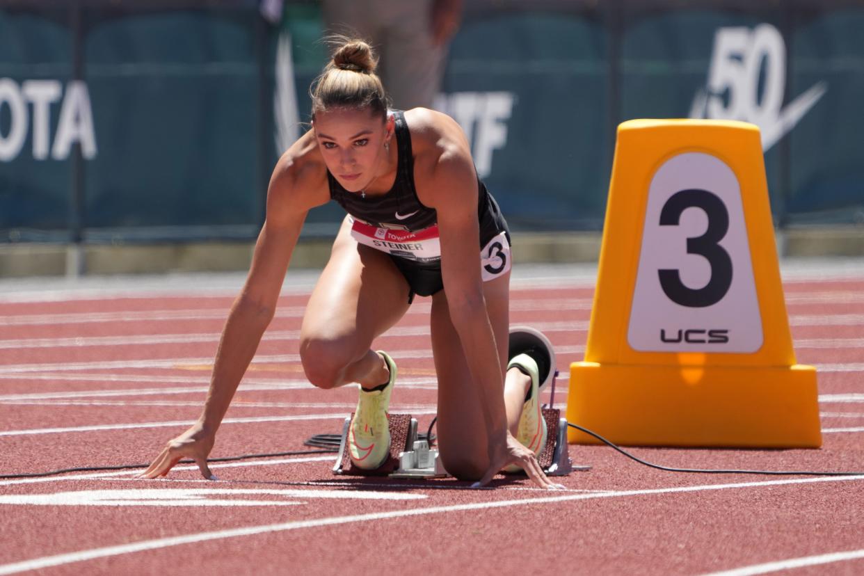 Jun 25, 2022; Eugene, OR, USA; Abby Steiner of Kentucky in the starting blocks of a women's 200m heat during the USA Championships at Hayward Field. Mandatory Credit: Kirby Lee-USA TODAY Sports