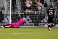 The ball gets past Inter Miami goalkeeper John McCarthy on a goal by Montreal's Bjorn Johnsen during the first half of an MLS soccer match Wednesday, May 12, 2021, in Fort Lauderdale, Fla. (AP Photo/Lynne Sladky)