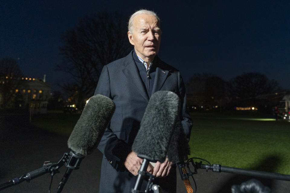 FILE - President Joe Biden answers a reporter's question as he walks from Marine One upon arrival on the South Lawn of the White House, Wednesday, Dec. 20, 2023, in Washington. Biden is returning from Wisconsin. (AP Photo/Alex Brandon, File)