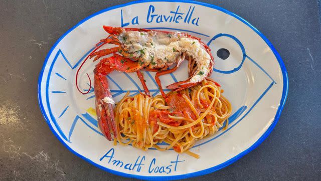 <p>Salvatore De Lucia</p> Linguine with lobster at La Gavitella in Italy