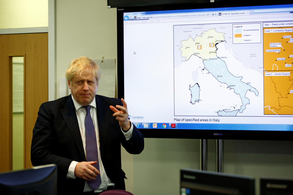 Prime Minister Boris Johnson visits the command centre at the Public Health England National Infection Service in Colindale, north London, after the number of confirmed coronavirus cases in the UK leapt to 35 after 12 new patients were identified in England.