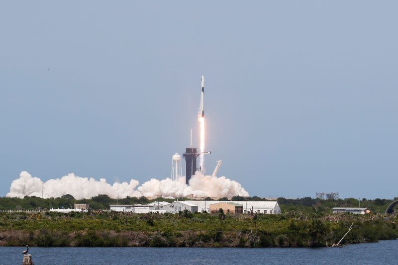 A SpaceX Falcon 9 rocket and Crew Dragon spacecraft carrying NASA astronauts Douglas Hurley and Robert Behnken lifts off during NASA's SpaceX Demo-2 mission to the International Space Station from NASA's Kennedy Space Center in Cape Canaveral