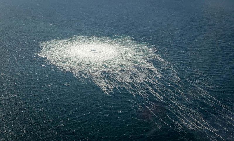 FILE PHOTO: Gas bubbles from the Nord Stream 2 leak reaching surface of the Baltic sea in the area shows disturbance of well over one kilometre diameter near Bornholm