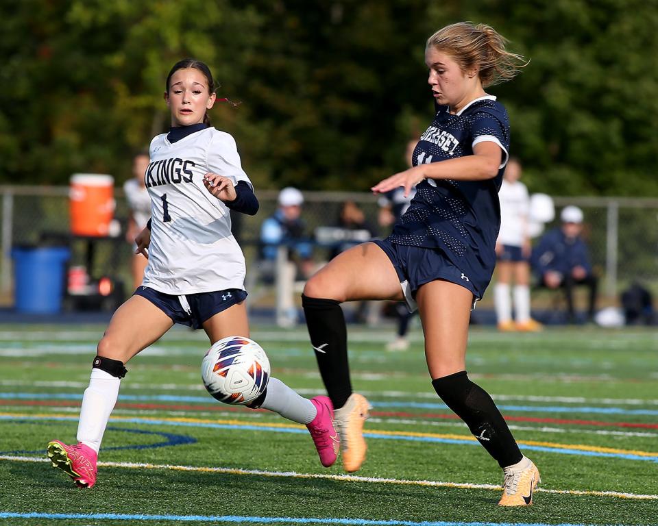 Cohasset's Ava Carcio takes a shot that finds the back of the net to complete the natural hat trick to make it 3-0 during first half action of their game at Cohasset High School on Wednesday, Sept. 27, 2023. Cohasset would go on to win 4-1.