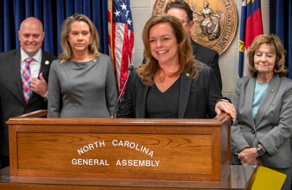 Sen. Vickie Sawyer speaks during a press conference on April 6, 2023 at the North Carolina General Assembly in Raleigh, N.C.