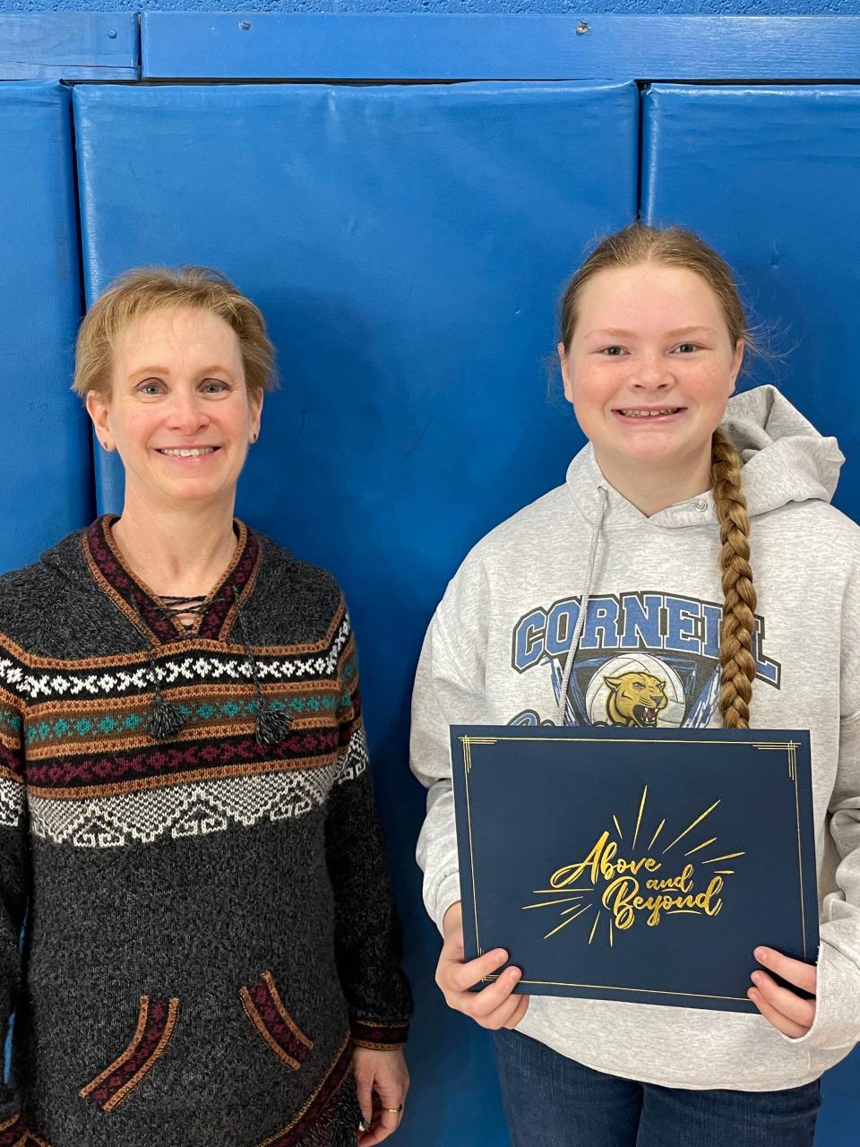 Cornell fifth-eighth grade student of the month Abigail Rients with nominating teacher Karen Austin.