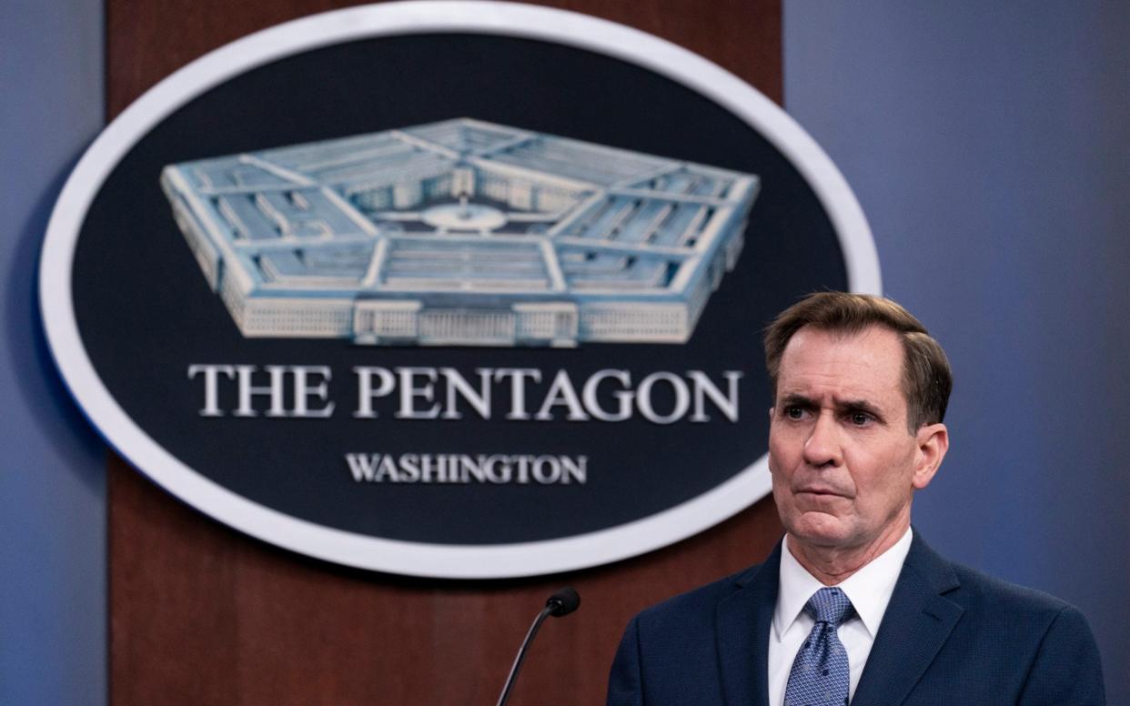 Pentagon spokesman John Kirby speaks during a media briefing at the Pentagon, in Washington - AP