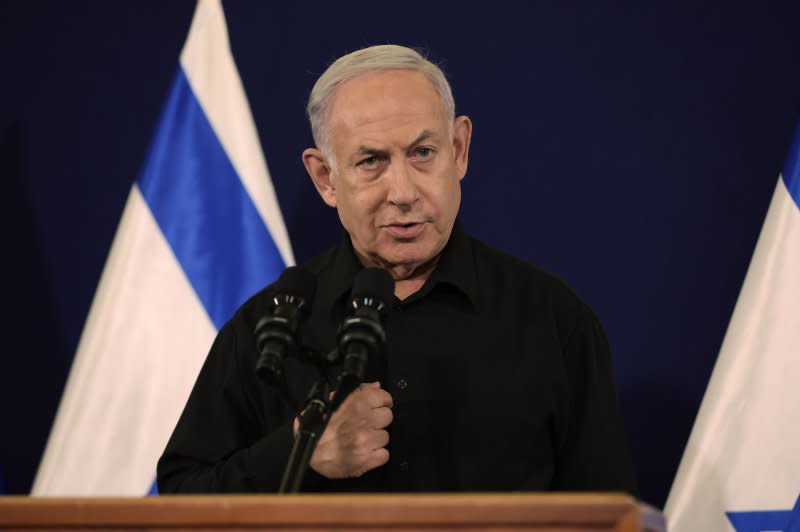 Israeli Prime Minister Benjamin Netanyahu appeared at a press conference in Tel Aviv on Saturday, confirming an expansion of Israeli Defense Forces troops entering Gaza has begun. Photo by Abir Sultan/EPA-EFE/Pool