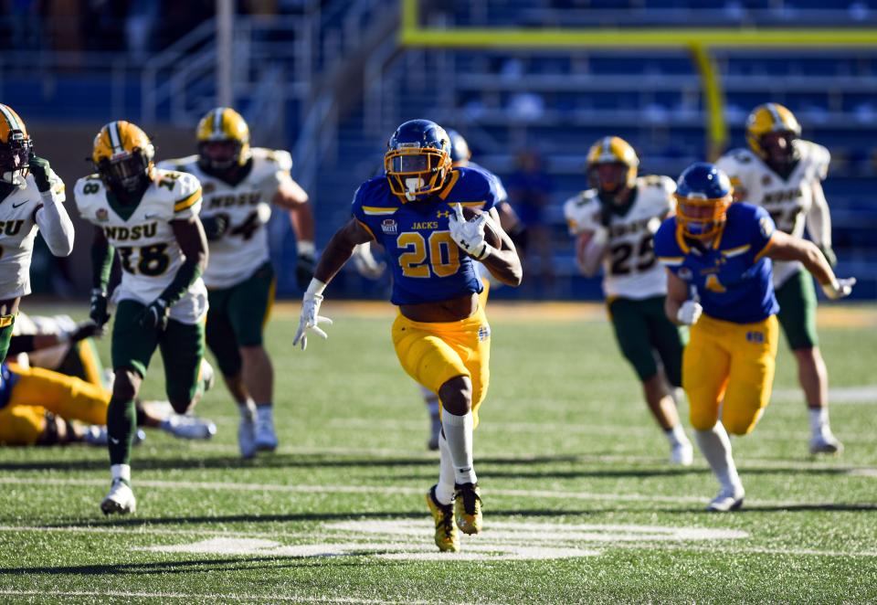 South Dakota State's Pierre Strong, Jr. breaks away from the pack in the annual Dakota Marker game on Saturday, November 6, 2021 at Dana J. Dykhouse Stadium in Brookings.