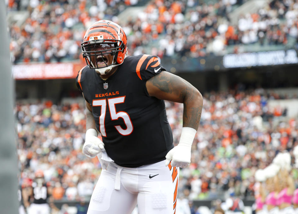 Oct 15, 2023; Cincinnati, Ohio, USA; Cincinnati Bengals offensive tackle Orlando Brown Jr. (75) gets excited before the game against the Seattle Seahawks at Paycor Stadium. Mandatory Credit: Joseph Maiorana-USA TODAY Sports