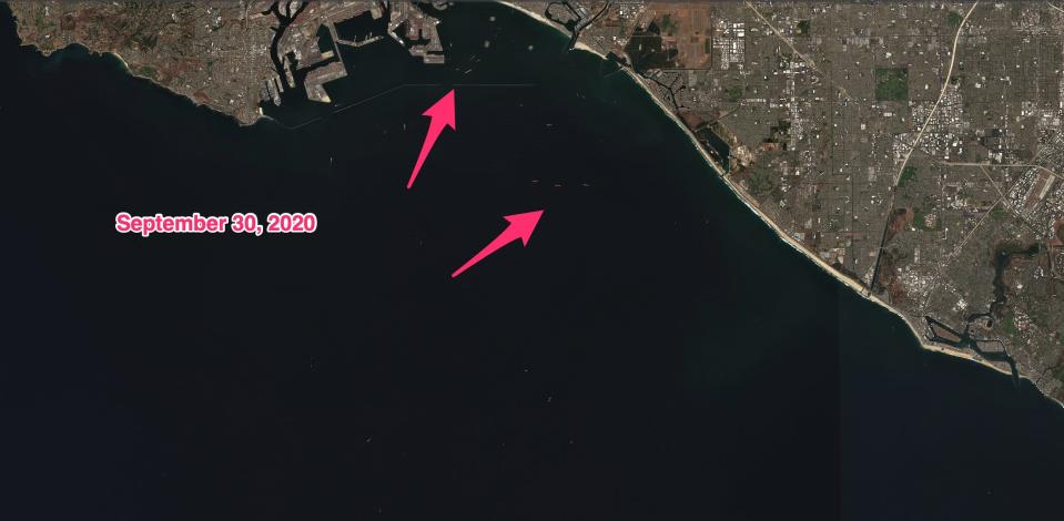 Satellite image from September 2020 shows little congestion at the Port of Long Beach.