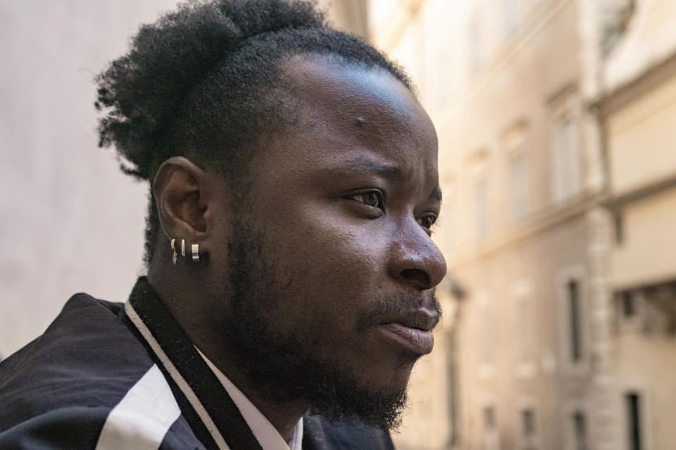 Djibril Sylla, brother of the late Ousmane Sylla, sits for an interview in Rome, Wednesday, March 20, 2024. “He told me he was in danger and that he was surrounded by really bad people and that they wanted to hurt him.” Djibril last heard from his brother on Sept. 27, 2023. (AP Photo/Paolo Santalucia)