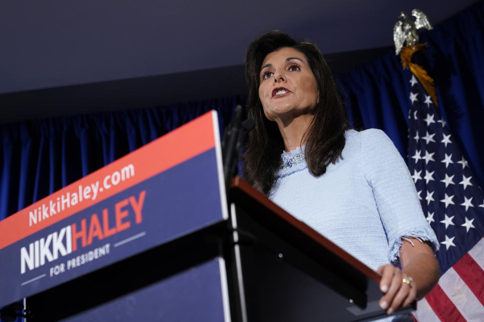 Republican presidential candidate, former ambassador to the United Nations Nikki Haley speaks about her abortion policy, Tuesday, April 25, 2023, in Arlington, Va. (AP Photo/Patrick Semansky)