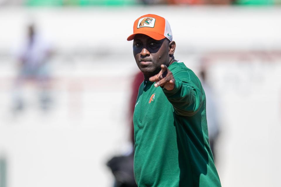 Florida A&M head coach James Colzie leads the Rattlers during the FAMU Spring Game on Saturday, April 13, 2024.