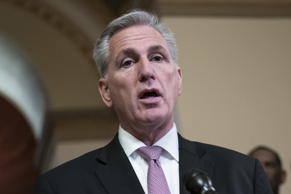 FILE - Speaker of the House Kevin McCarthy, R-Calif., talks to reporters at the Capitol in Washington on March 24, 2023. China has threatened “resolute countermeasures” over a planned meeting between Taiwanese President Tsai Ing-wen and McCarthy during an upcoming visit in Los Angeles by the head of the self-governing island democracy. On April 5, Tsai’s expected to stop in Los Angeles. (AP Photo/J. Scott Applewhite, File)