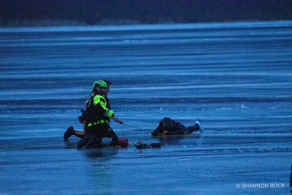 The Netcong police and first responders helped rescue three people who fell through the ice on Lake Musconetcong on Sunday.
