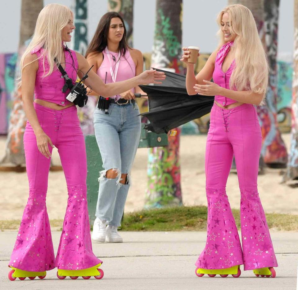 Margot Robbie and Her Stunt Double on the Barbie Movie Set