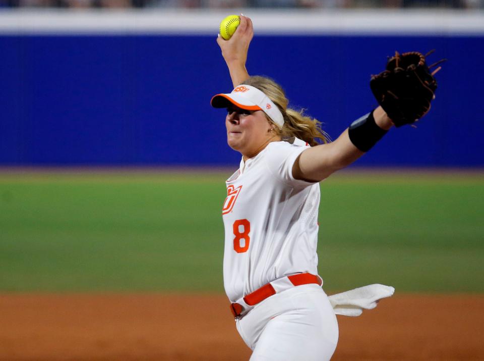 Oklahoma State ace Lexi Kilfoyl (8) throws a pitch in the second inning against Utah in the Women's College World Series at USA Softball Hall of Fame Stadium on June, 2, 2023.