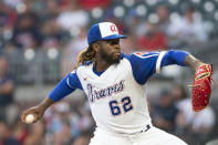 Atlanta Braves starting pitcher Touki Toussaint works against the Milwaukee Brewers during the first inning of a baseball game Friday, July 30, 2021, in Atlanta. (AP Photo/Hakim Wright Sr.)