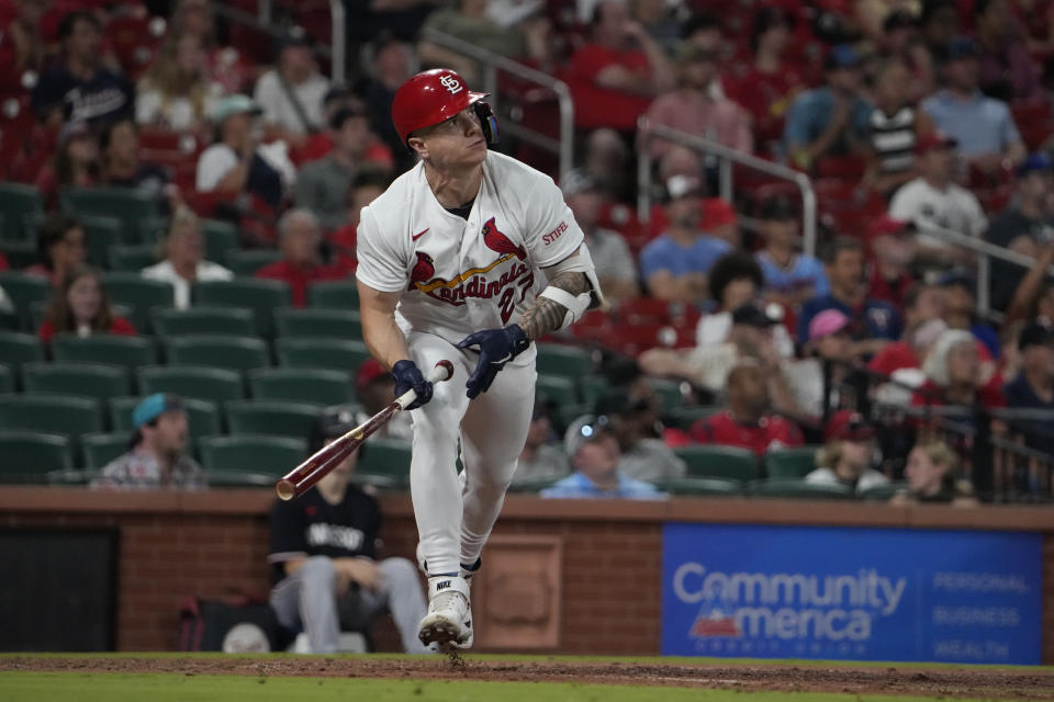 St. Louis Cardinals' Tyler O'Neill watches his solo home run during the ninth inning of a baseball game against the Minnesota Twins Tuesday, Aug. 1, 2023, in St. Louis. (AP Photo/Jeff Roberson)