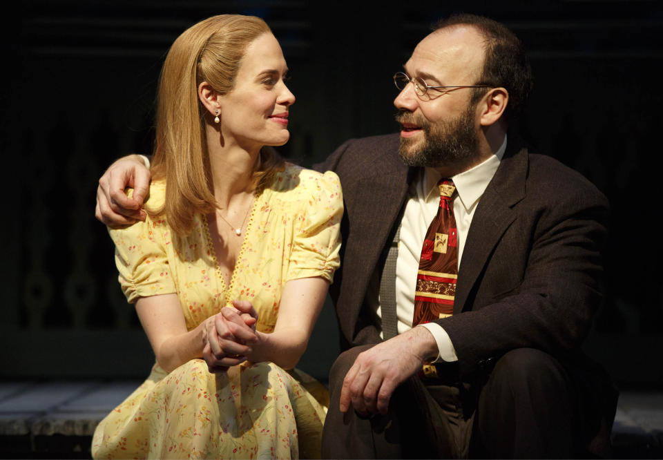 This theater image released by Polk & Co. shows Sarah Paulson, left, and Danny Burstein during a performance of Lanford Wilson's Pulitzer Prize-winning "Talley's Folly," in New York. Set on the 4th of July near the end of World War II, "Talley's Folly" is the story of an unlikely middle-age romance between two people trying to overcome their emotional baggage and find love. (AP Photo/Polk & Co., Joan Marcus)