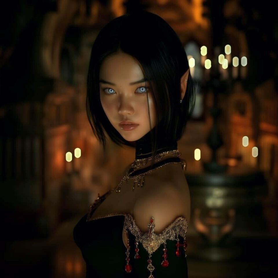 Animated character with dark hair, off-shoulder attire, and jeweled accessories looking at viewer