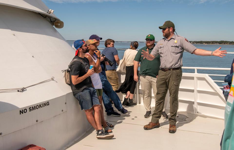 Park Ranger Eddy Kahle gives some history on Ft. Pickens during the Pensacola City Bay Ferry season kickoff Saturday, March 4, 2023.