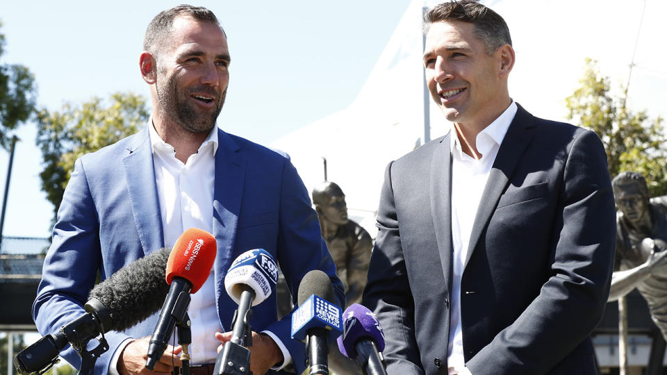 Cameron Smith and fellow Melbourne Storm great Billy Slater had statues of themselves unveiled at Melbourne's AAMI Park on Wednesday. (Photo by Darrian Traynor/Getty Images)