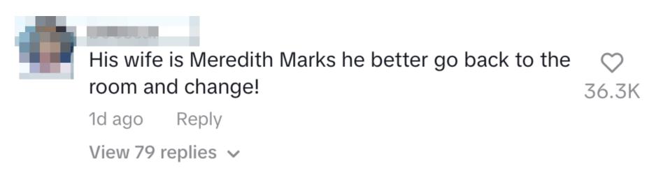 Two social media says, "His wife is Meredith Marks he better go back to the room and change!" Kevin says, "Once I found out your mom was Meredith Marks, I agree."