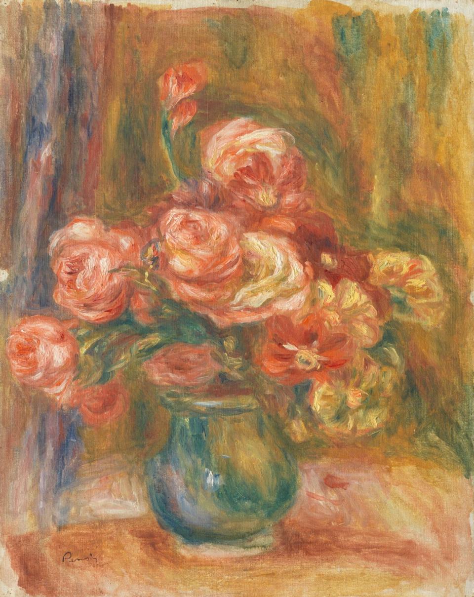 雷諾瓦 (Pierre-Auguste Renoir, 1841-1919)，〈裝著玫瑰的花瓶〉，約作於1890-1900年，油畫畫布，58 x 43 cm，Los Angeles County Museum of Art, Gift of Jean and Dido Renoir, photo © Museum Associates/LACMA。富邦提供