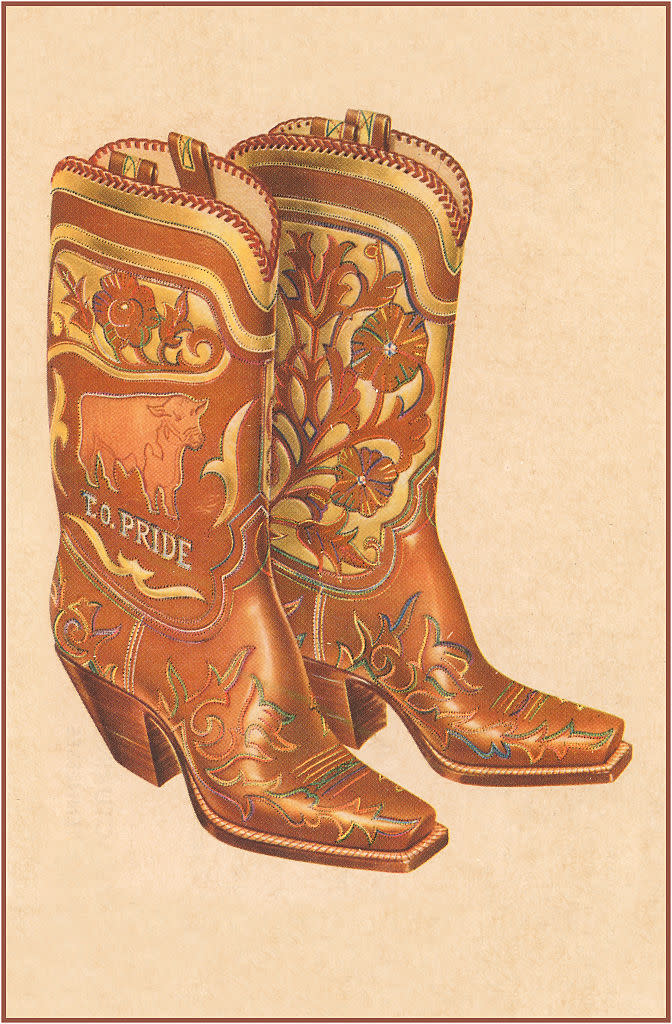 Vintage illustration of a pair of fancy cowboy boots. (Photo by Found Image Holdings/Corbis via Getty Images)
