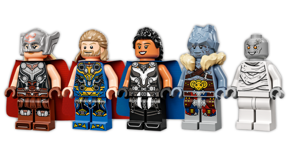 Thor Love and Thunder LEGO minifigures including Jane's The Mighty Thor, Thor, King Valkyrie, Korg and Gorr the Butcher (played by Christian Bale)