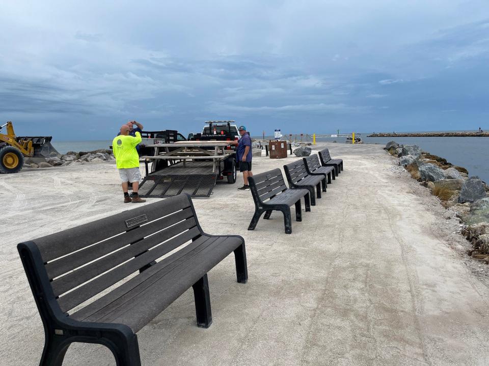 Venice Public Works staff placed benches and picnic tables at Humphris Park to block off the South Jetty walkway, which remains closed to pedestrian – and fishing – use until further repairs can make it safe.