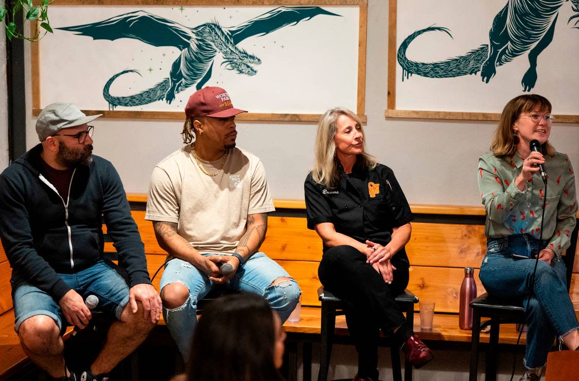 From left, The Mule Tavern owner Sam Halhuli, en Rama executive chef Reginald Jacob Howell, Over the Moon Cafe owner Deanna Harris-Bender discuss the evolution of Tacoma’s dining scene with Tacoma News Tribune food reporter Kristine Sherred at Odin Brewing in Tacoma, Wash. on Oct. 18, 2022. Cheyenne Boone/Cheyenne Boone/The News Tribune