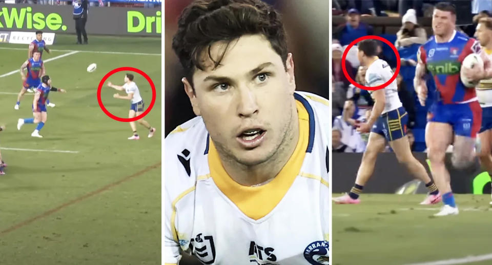 Mitchell Moses was seen spraying teammate and Eels captain Clint Gutherson during the round 17 loss to Newcastle.. Image: Fox League/Getty
