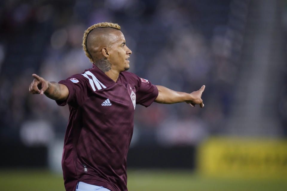 Colorado Rapids forward Michael Barrios celebrates his goal during the second half of the team's MLS soccer match against FC Dallas on Wednesday, July 21, 2021, in Commerce City, Colo. The Rapids won 2-0. (AP Photo/David Zalubowski)