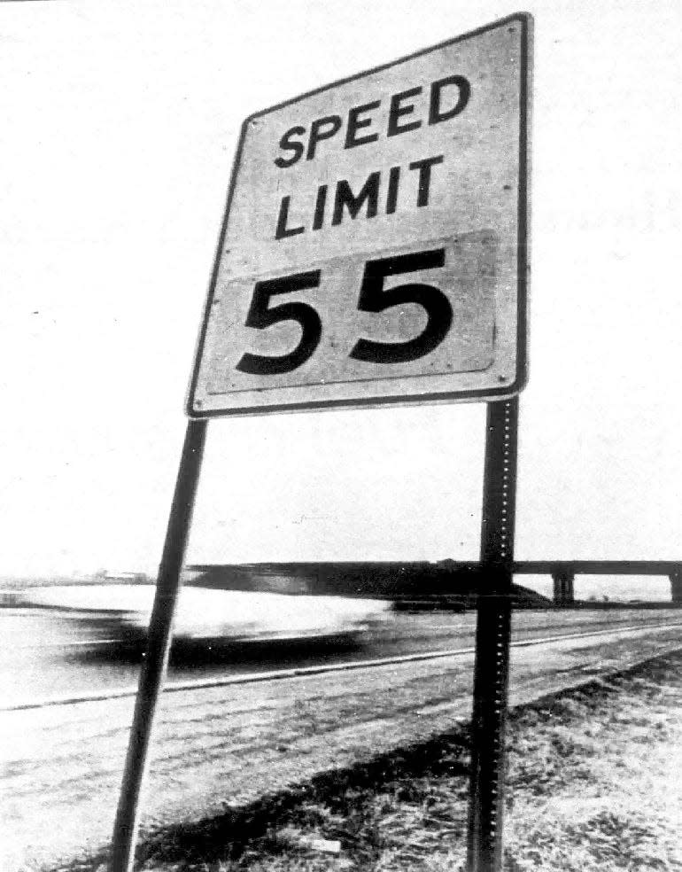 The first energy crisis of the 1970s prompted the imposition of 55-mph speed limits on highways as of March 1, 1974. This sign was installed on what is now Interstate 69 in mid-February and motorists were still zooming by at 70 mph.