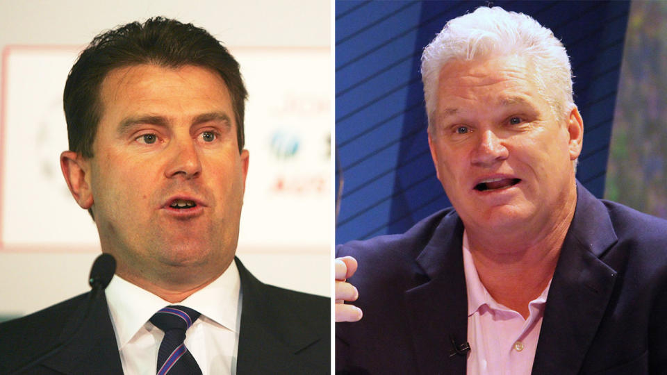 Mark Taylor (pictured left) during a media conference and Dean Jones (pictured right) talking.